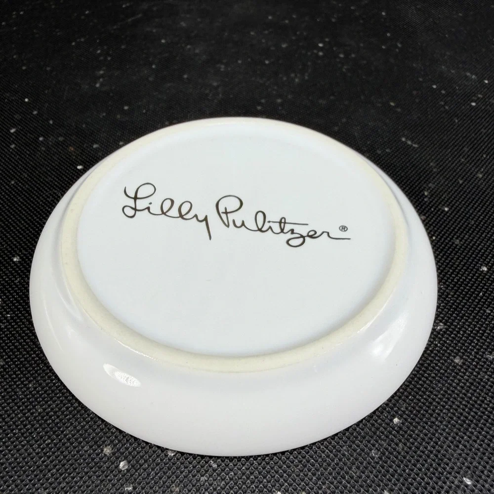 Lilly Pulitzer Ceramic Trinket Dish Set 4 Pink Blue Floral Gold Rim 4 Inch